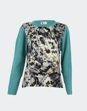 Jersey mujer cuello redondo estampado abstracto en pinceladas en negro beig crudo en delantero